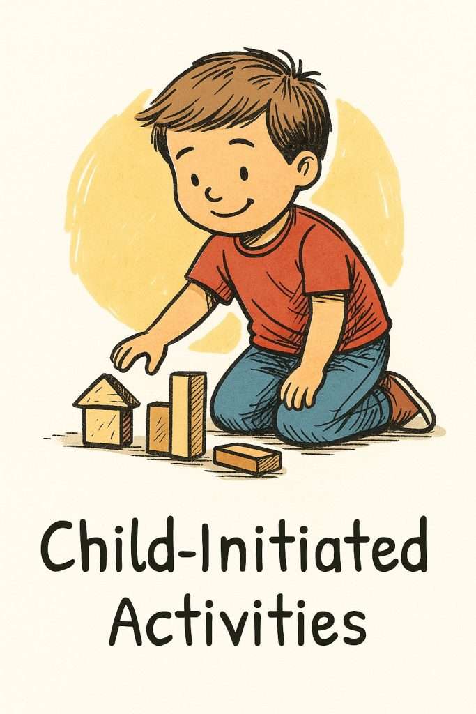 Hand-drawn illustration of a young boy kneeling on the floor building with wooden blocks, symbolizing child-initiated activities in preschool learning.