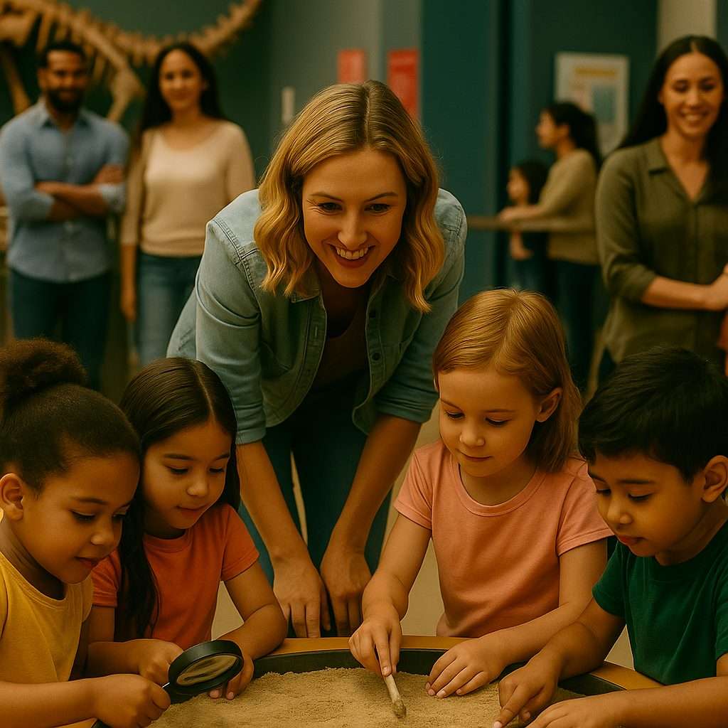 Diverse group of children exploring a hands-on exhibit in a museum with a teacher and parents observing in the background.