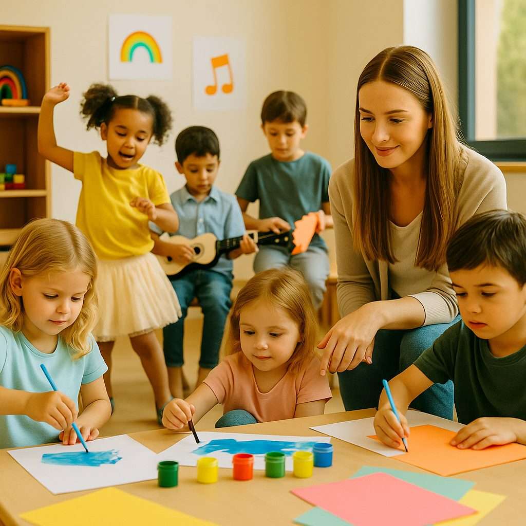 Young children painting, drawing, and playing musical instruments while a teacher encourages their creativity.