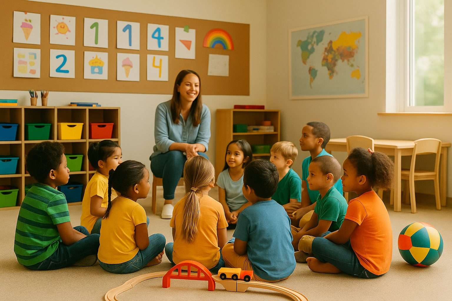 Diverse Preschool Classroom Learning A diverse group of preschool children sitting on the floor in a bright classroom, listening attentively to their teacher.