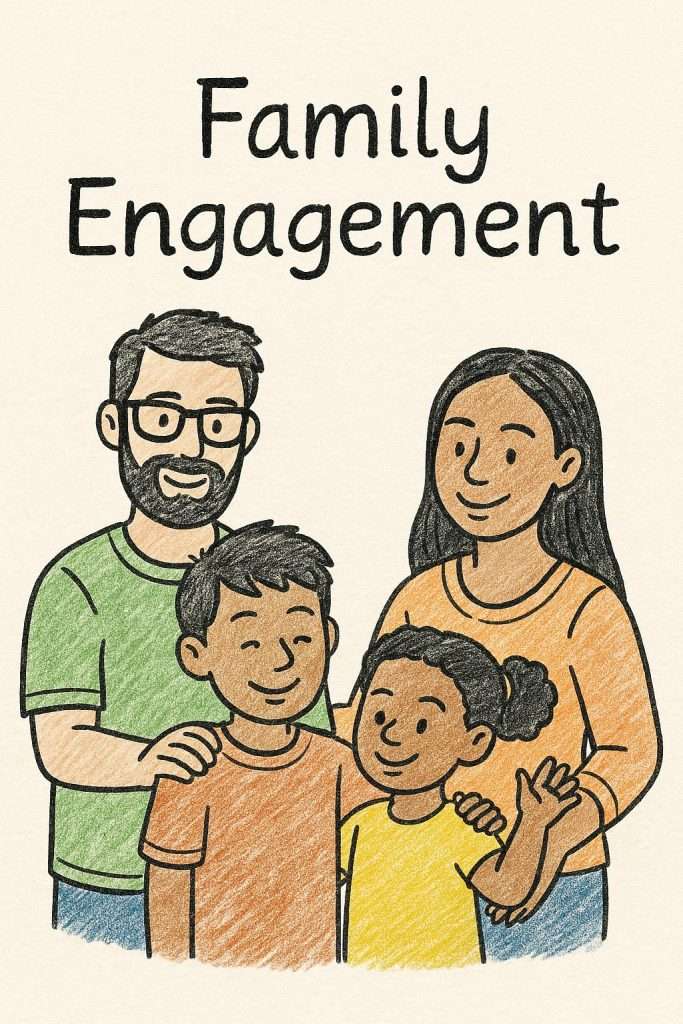 Hand-drawn illustration of a diverse family smiling together, representing the importance of family engagement in education.