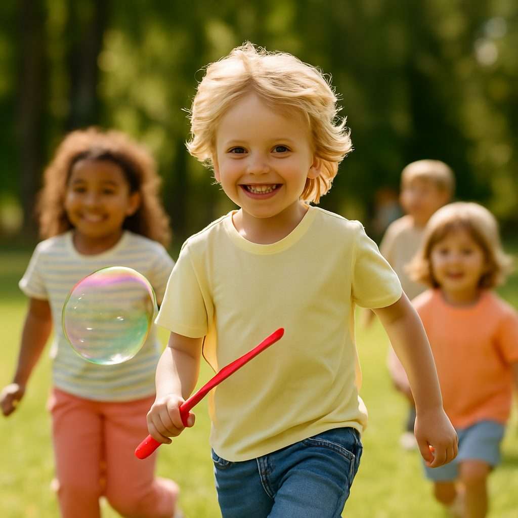 Children running and playing outdoors with big smiles, enjoying physical activity in a safe environment.