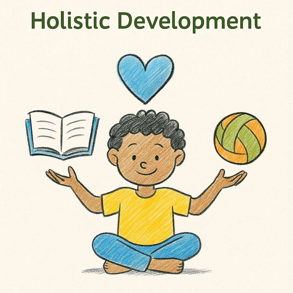 Hand-drawn illustration of a child sitting cross-legged balancing a book, heart, and ball, symbolizing mind, heart, and body.