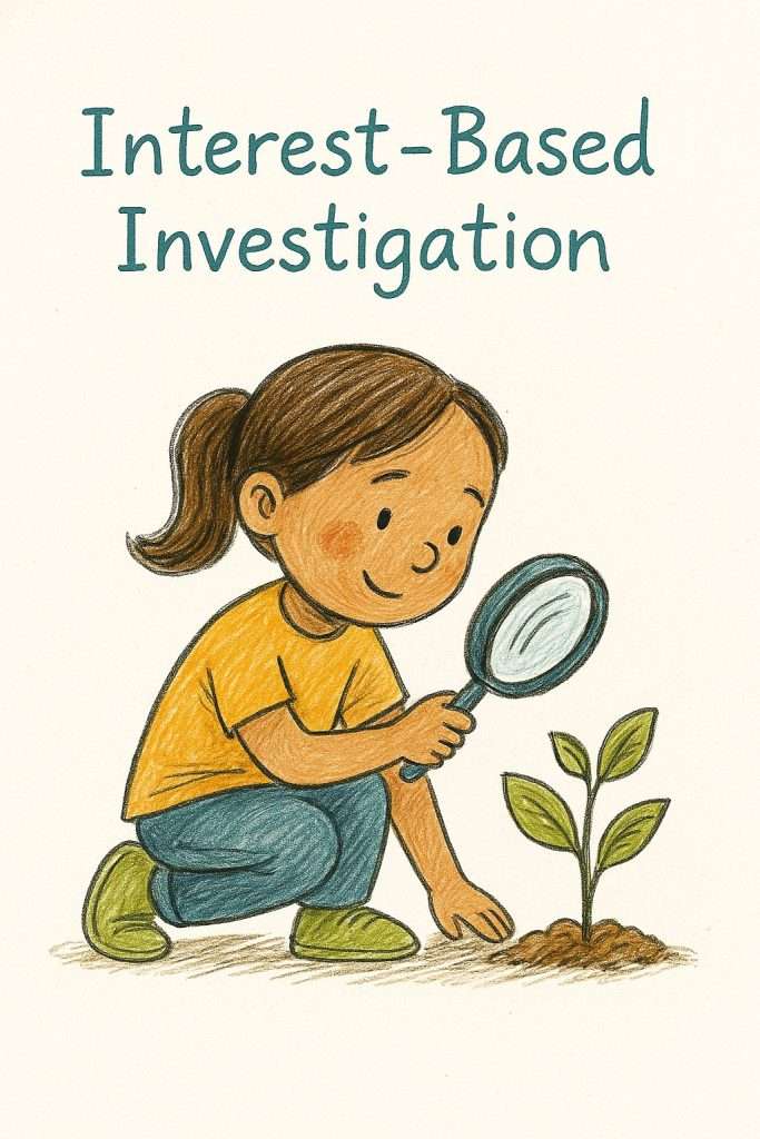 Hand-drawn illustration of a child using a magnifying glass to study a plant sprout, symbolizing interest-based investigation.