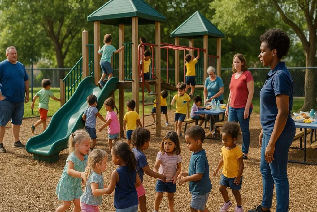 diverse-preschool-kids-playing-playground A large group of preschool children of diverse ethnic backgrounds playing together on a playground with slides and climbing structures, while several parents and teachers supervise. Some children are on the slides, others are climbing, and a group is playing near a picnic table with snacks and water bottles.