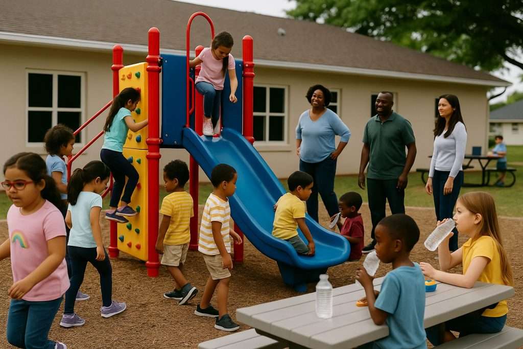 preschool-playground-kids-parents-supervising Preschool children of diverse ethnic backgrounds playing on a colorful playground slide and climbing wall, while parents stand nearby supervising. Some children sit at a picnic table drinking water and eating snacks, creating a lively and safe outdoor scene.