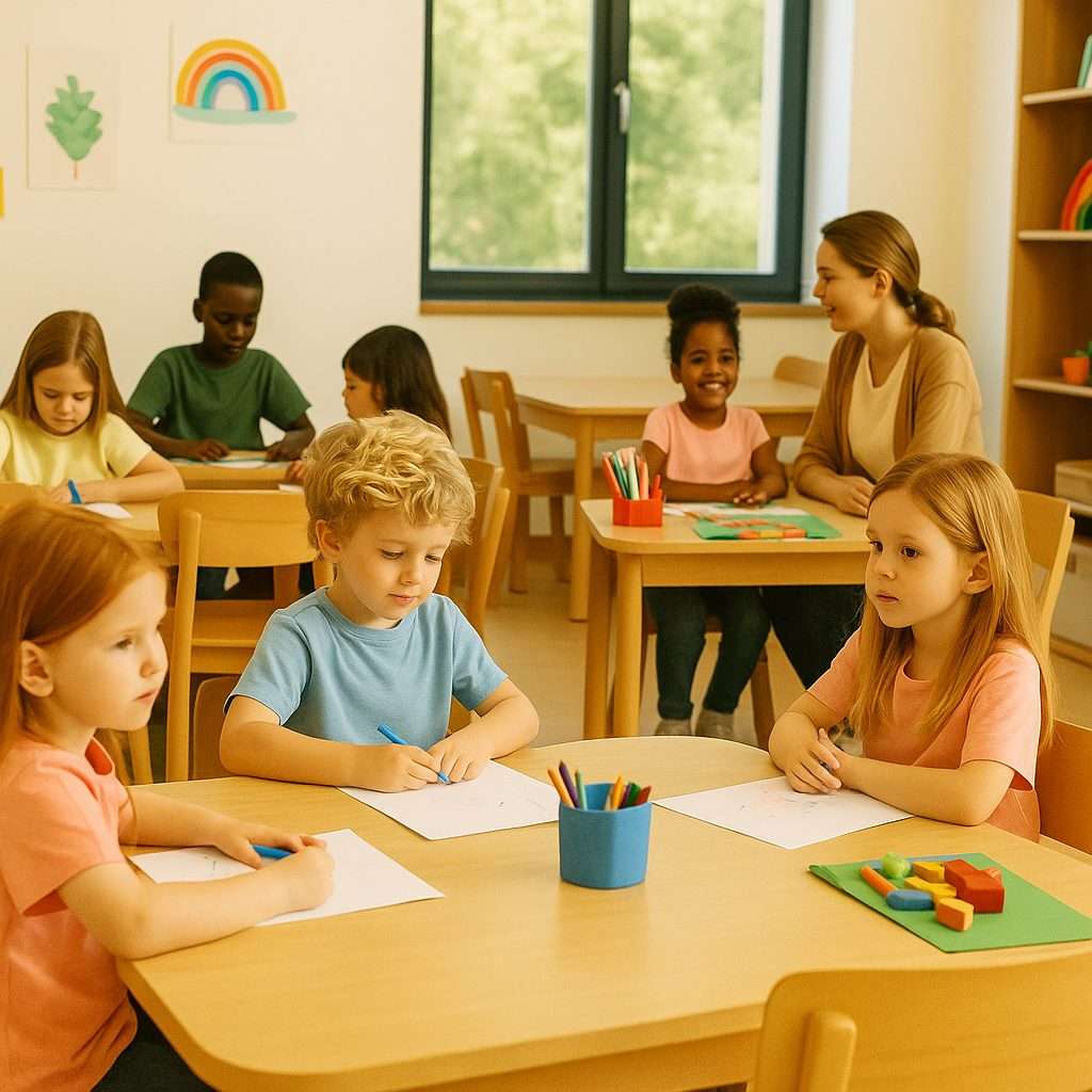 Preschool children sitting at tables practicing writing and early literacy skills with a teacher guiding them.