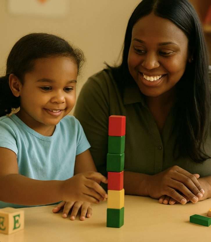 Nurturing Approach 1 An African American teacher smiling warmly while guiding a young girl as she stacks colorful blocks at a classroom table.