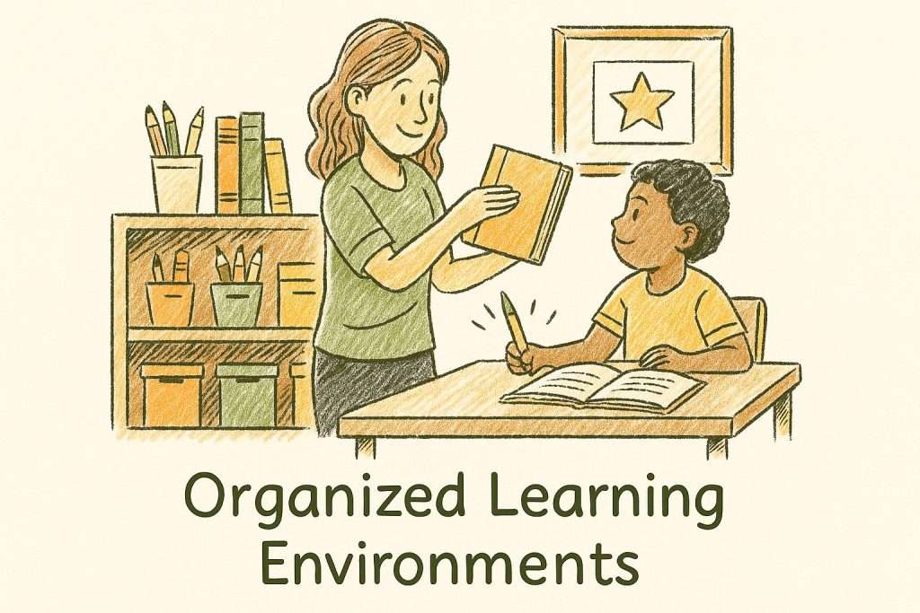 Hand-drawn illustration of a teacher helping a student at a desk in a neatly organized classroom, symbolizing structured learning environments.