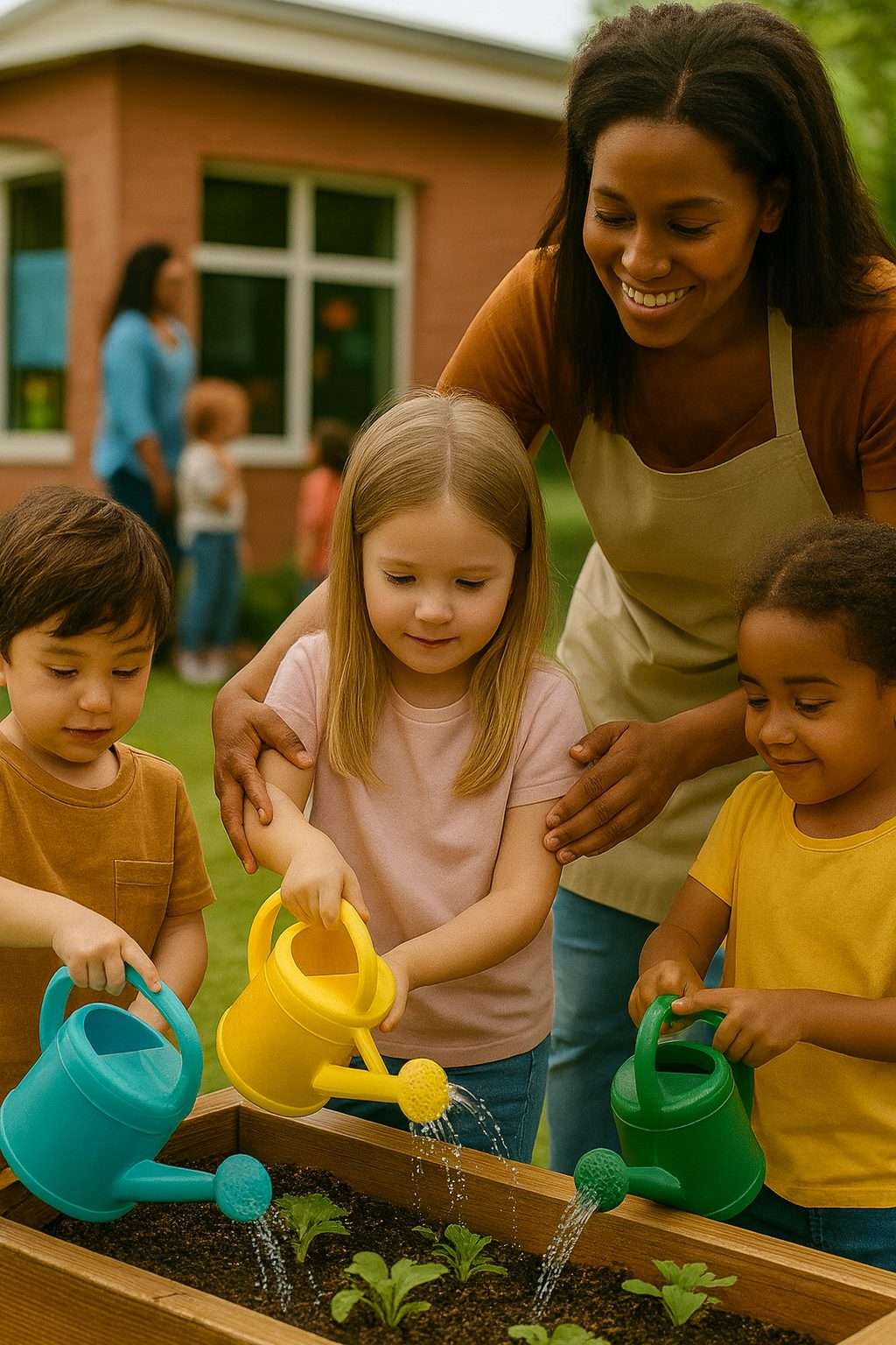 A diverse group of preschool children gardening outdoors with their teacher, using colorful watering cans to water plants.