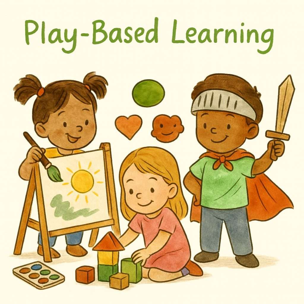 Hand-drawn illustration of children playing with colorful blocks and toys while a teacher observes, symbolizing play-based learning.