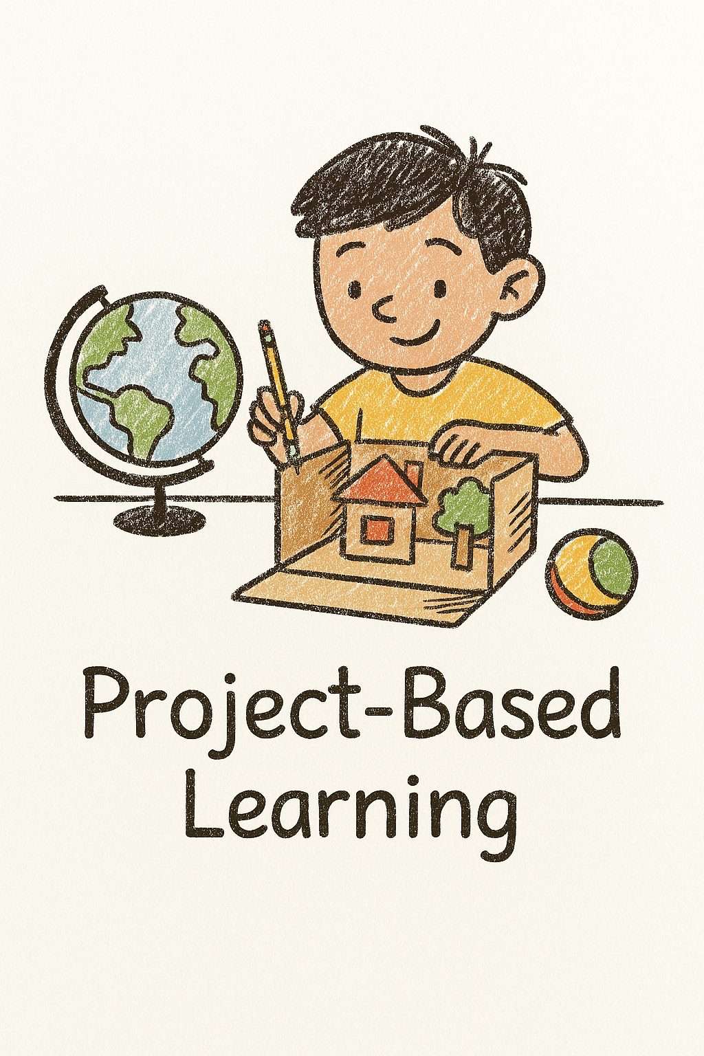 Hand-drawn illustration of a child building a diorama with a globe nearby, symbolizing project-based learning in early education.
