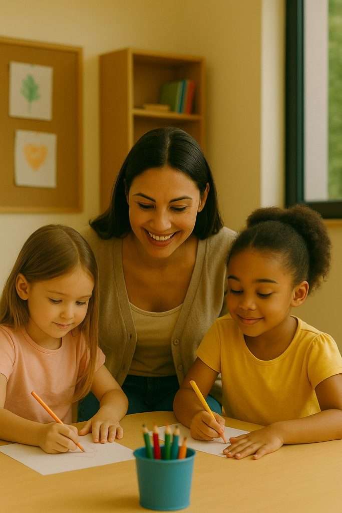 Qualified Teachers A smiling teacher kneeling next to two preschoolers during a hands-on classroom activity.