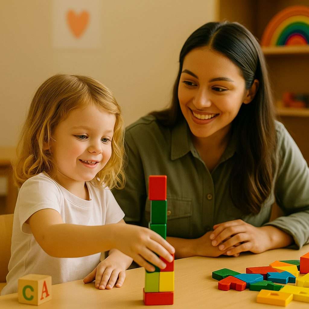 A preschool teacher guiding a young child with colorful building blocks at a classroom table