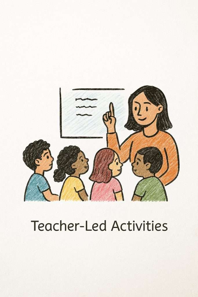 Hand-drawn illustration of a teacher guiding a small group of diverse children in front of a whiteboard, symbolizing teacher-led activities.