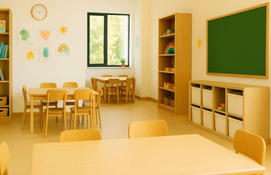 Organized preschool classroom environment. Bright preschool classroom with wooden tables, chairs, shelves, and a chalkboard.