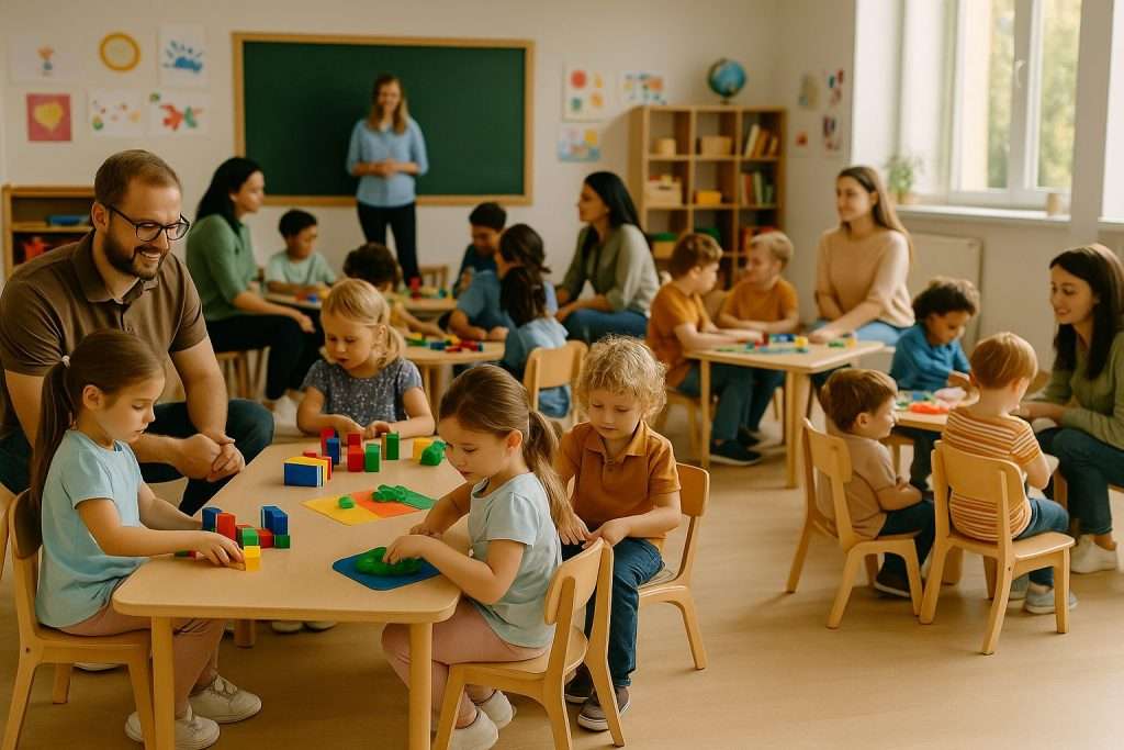 Group Learning with Parent Involvement Large preschool classroom with children in groups and parents helping.