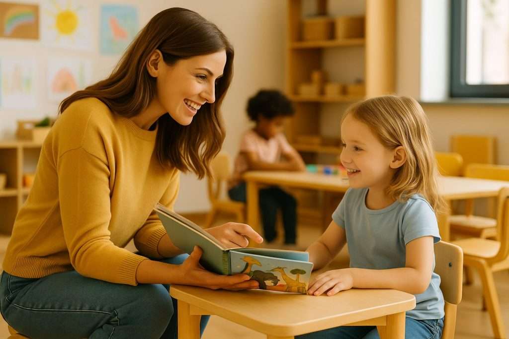 Preschool Teacher and Child Teacher working one-on-one with a young student at a preschool table.